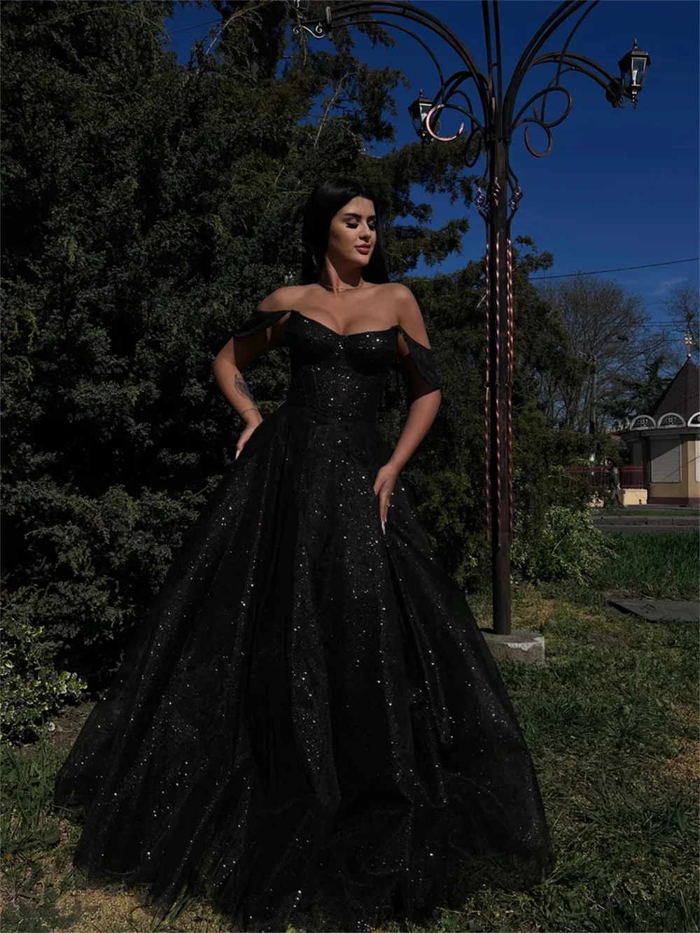 Cathy Black Glitter Prom Dresses Off the Shoulder A-line Floor-length Evening Dress Elegant Sleeveless vestidos de fiesta 2024