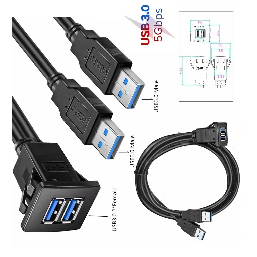 Dual Port USB Socket Extend Cabe USB3.0 Auto Car Flush Mount Extension Cord Dashboard Panel Square USB Cable For Car Motorcycle