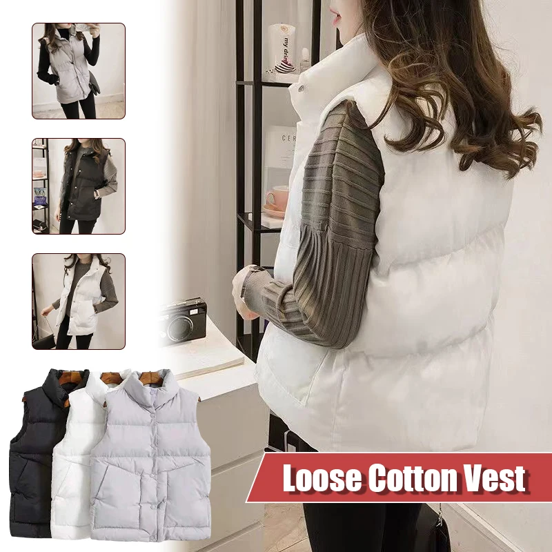 Women Autumn Elegant Cotton Padded Coats Warm Outerwear Casual Sleeveless Puffy Waistcoat Women Fashion White Vests Jackets