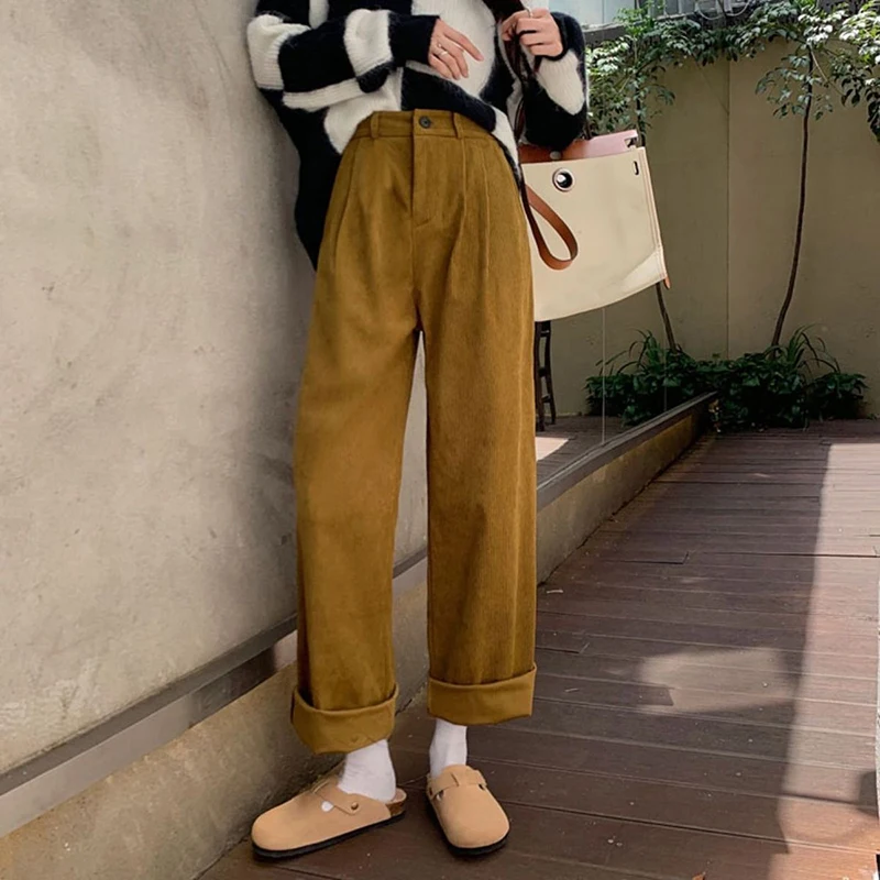 Vintage Corduroy Pants High Waist Spring coffee Straight Trousers Causal Pockets All Match Female Black Korean Pants