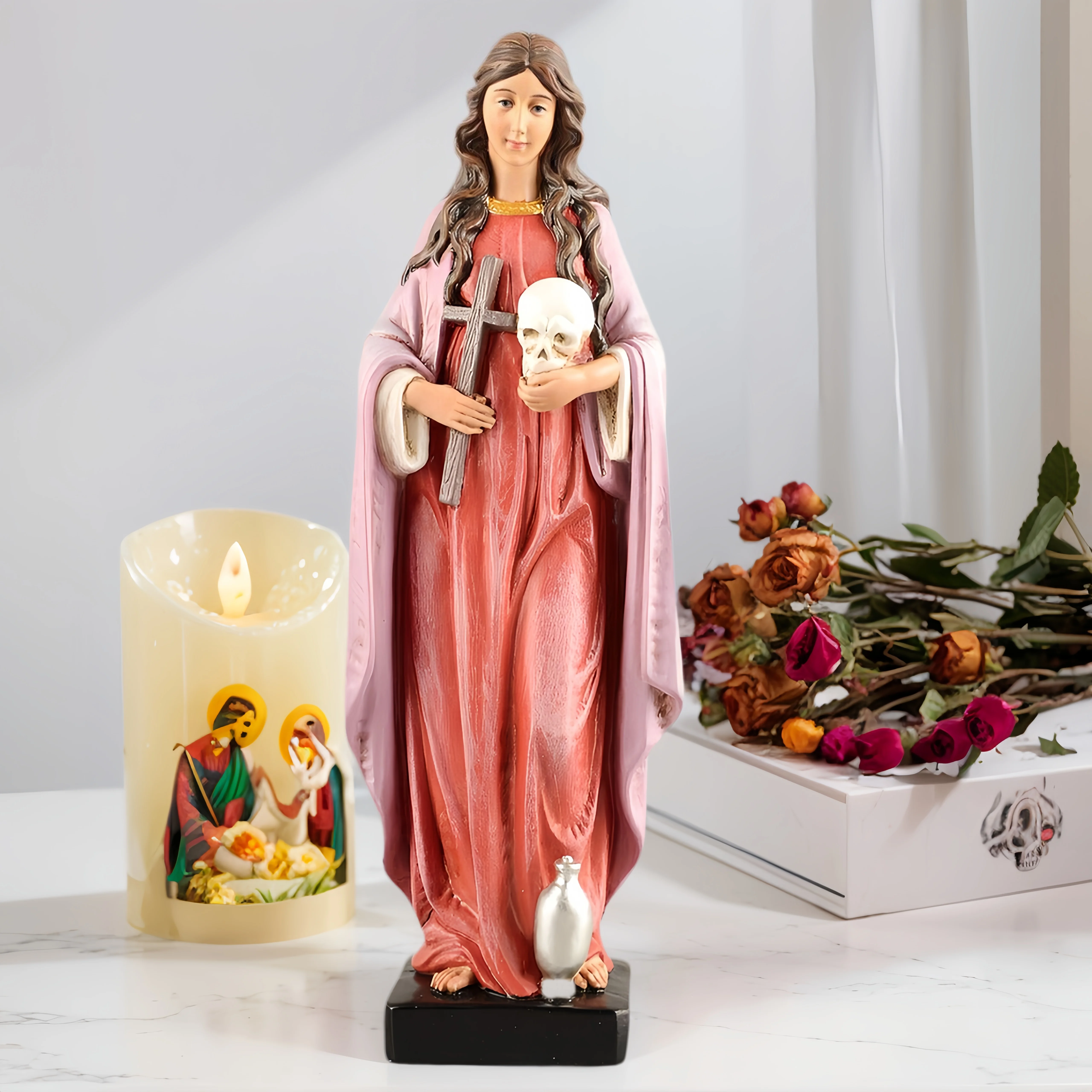 8 Inches Mary Magdalene Statue Christmas Figurine Tabletop Decor Religious Sculpture Holiday Ornament Festival Gift for Home Dec
