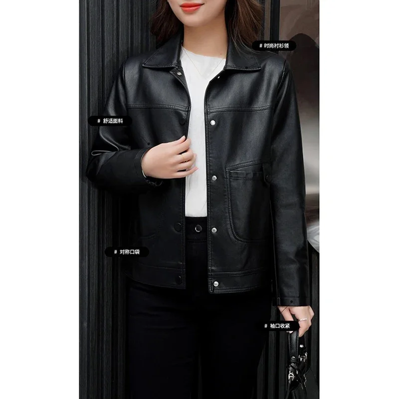 Ladies PU Motorcycle Coat Soft PU Leather Outwear Button Outfit Autumn Winter Fashion Short Female Jacket Black Leather Coat