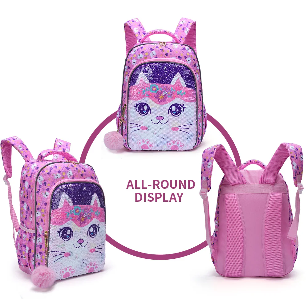 3PCS set Backpack For Girls, Cute Cartoon Kitty Sequin Design Bookbag With Lunch Box And Pen Bag, Glow-in-the-dark Function-Pink