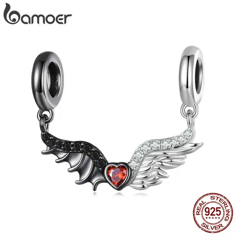 Bamoer 925 Sterling Silver Red Zircon Black and White Wings Hanging Bead Angel and Demon Pendant Charm for Women Gift BSC693