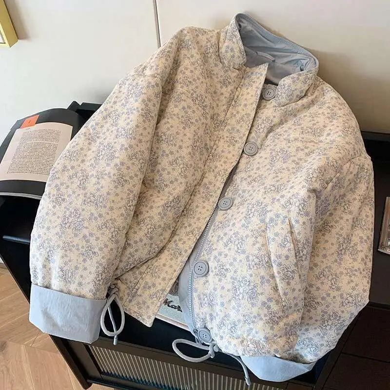 

Women's Coat winter autumn Jacket Outerwear Warm Fleece Lined Korean Pink Floral Short Stand Collar Quilted Thick Youthful Coat