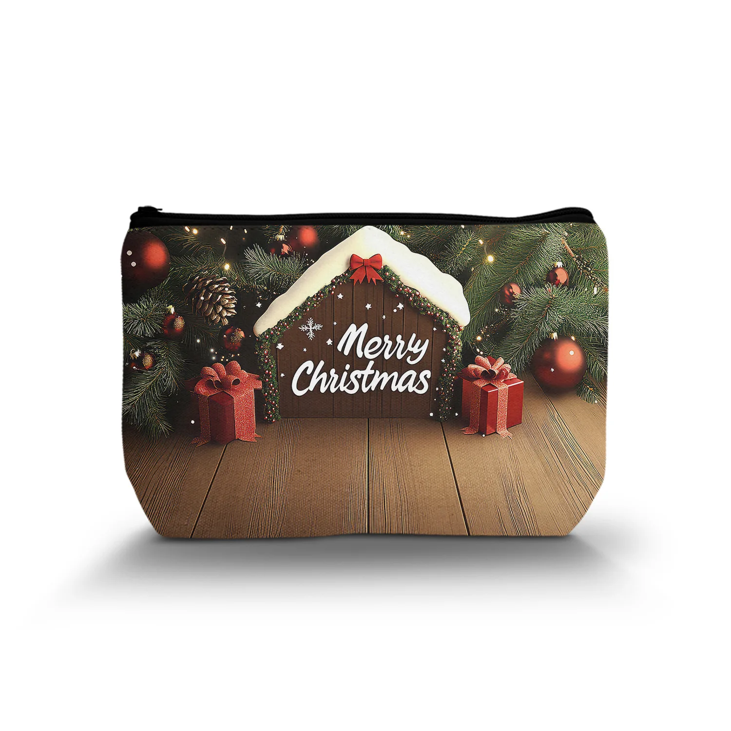 1Pc Merry Christmas Cosmetic Bag Wooden Floor Gift Box Cosmetic Bag Christmas Gifts For Classmates Friends Colleagues