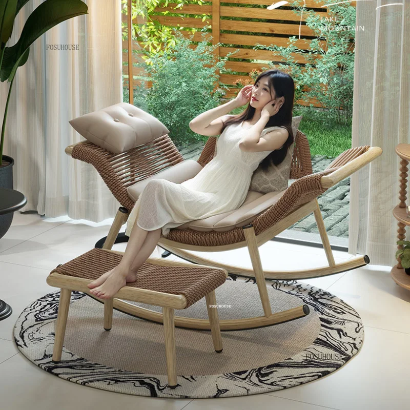 

European Outdoor Courtyard Lazy Rattan Lounge Chairs Retro Sun Loungers for Garden Furniture Home Balcony Leisure Rocking Chair