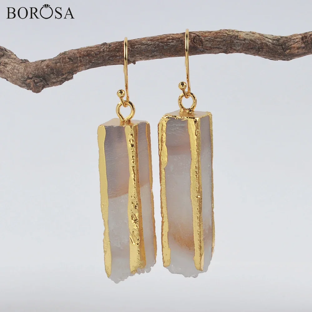 BOROSA Golden Color Agates Druzy Earring for Women Natural Quartz Gems Stone Dangle Earrings Handmade as Jewelry Gifts G1999-E