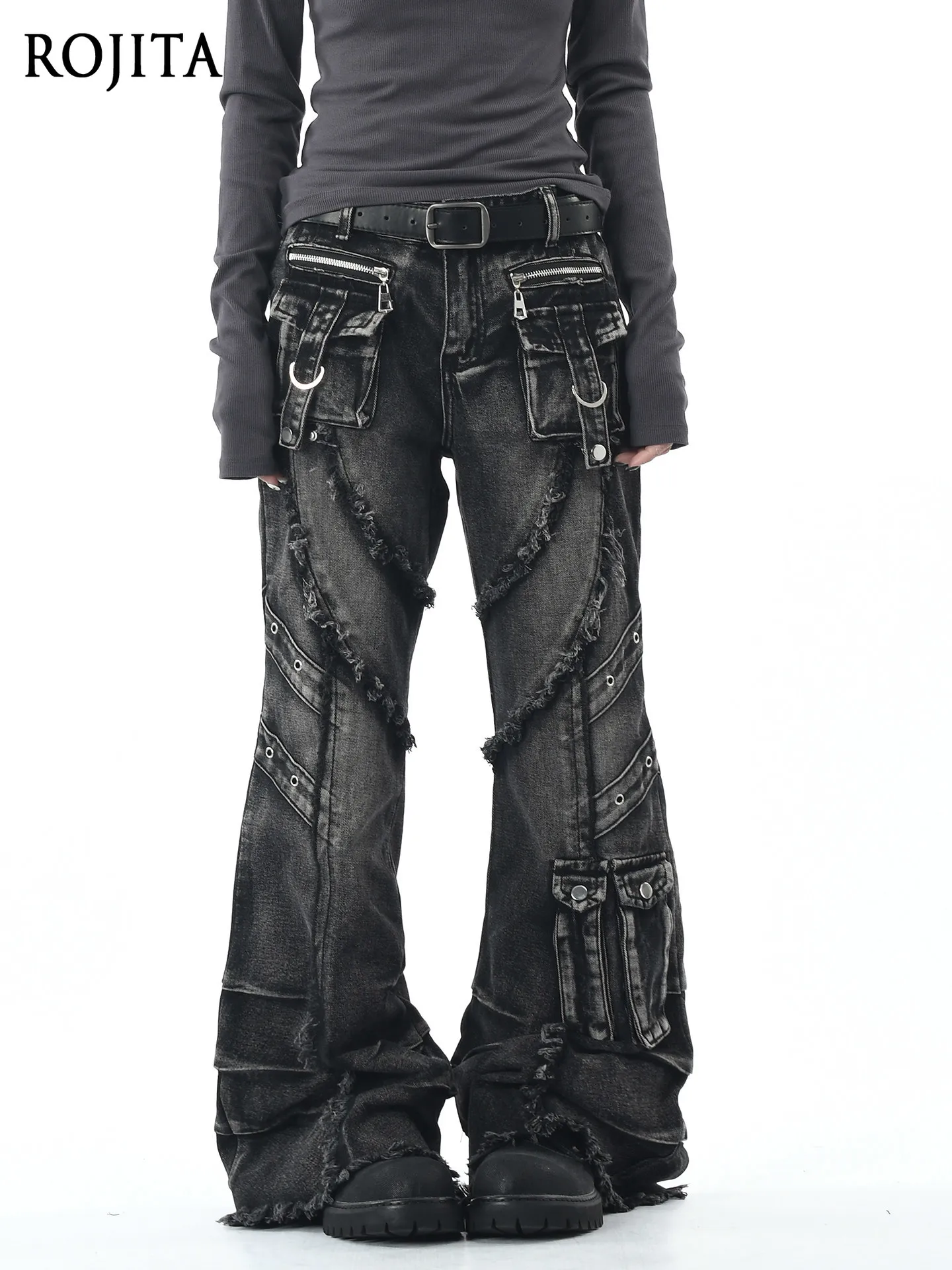 

American Heavy Industry Old Washed Raw Edge Jeans Women's Subculture Punk Hottie Micro-horn Trousers Women Jeans