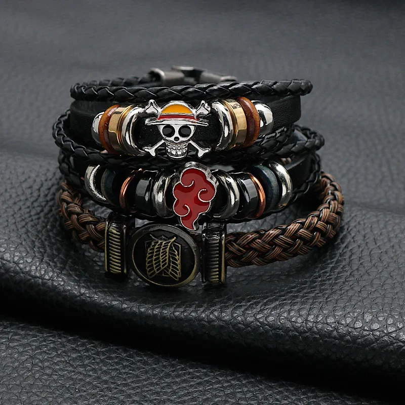 22cm ONE PIECE Naruto Anime Peripherals Accessories Braided Cowhide Bracelet Multi-layer Buckle Bracelet Friends Gifts Toys Kids