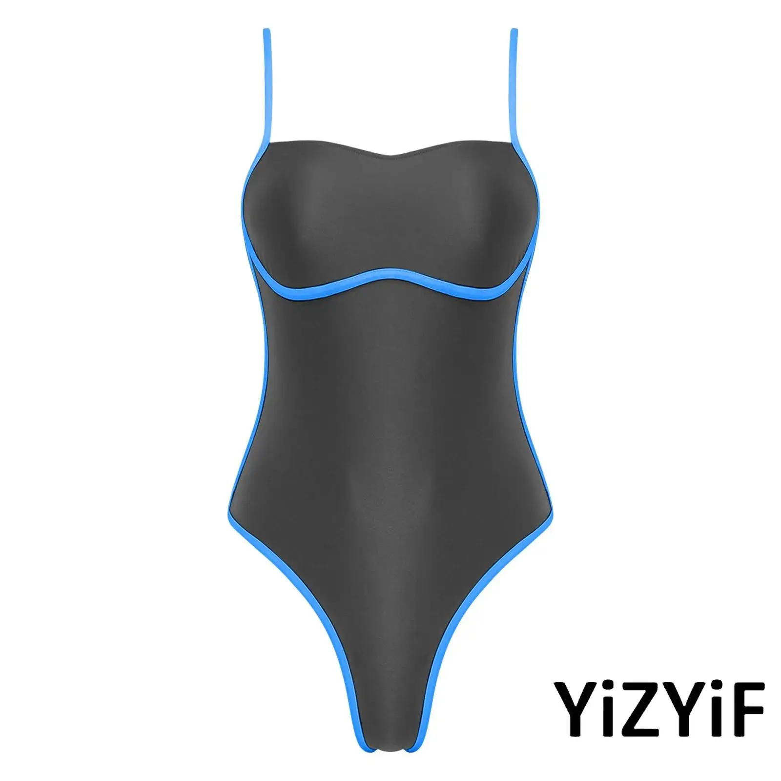 Women Square Neck Satin One Piece Swimsuit Bodysuit Adjustable Straps Color Block Edges Bathing Suit for Beach Vacation
