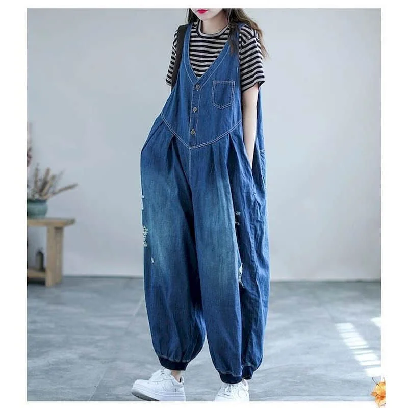 

Denim Jumpsuits for Women Loose Korean Fashion Harajuku Cross-Pants One Piece Outfits Women Rompers Casual Vintage Playsuits