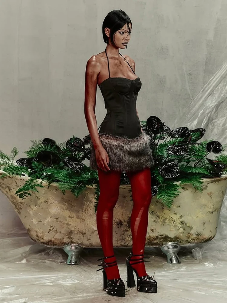 니버 패치워크 플러시 헴 드레스 여성용 로우넥 홀터 페이크 피쉬본 장식 섹시 미드나잇 스키니 파티 핫티 미니 바디콘