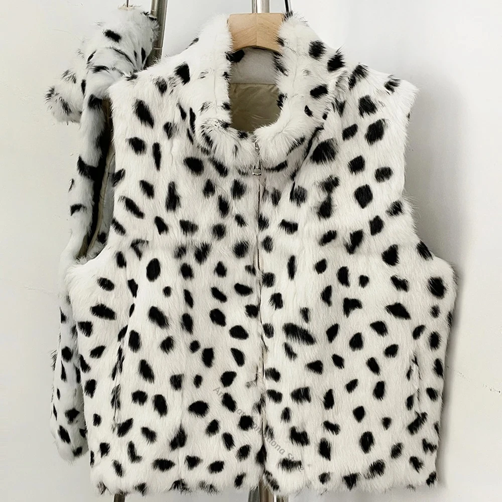 Women's Real Rabbit Fur Stand Collar Zip‑Up Sleeveless Natural Fur Waistcoat Warm Winter Outerwear for Ladies Daily Evening Wear