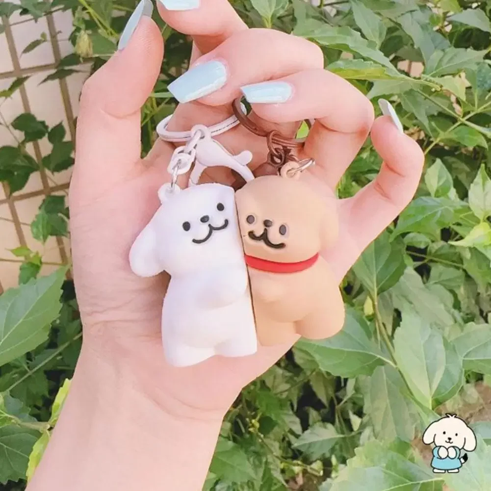 2pcs/Set New Couple Magnetic Lines Puppy Key Chain Maltese Keychain Never Abandon Cute School Bag Pendant Lovers Gift Key Chains