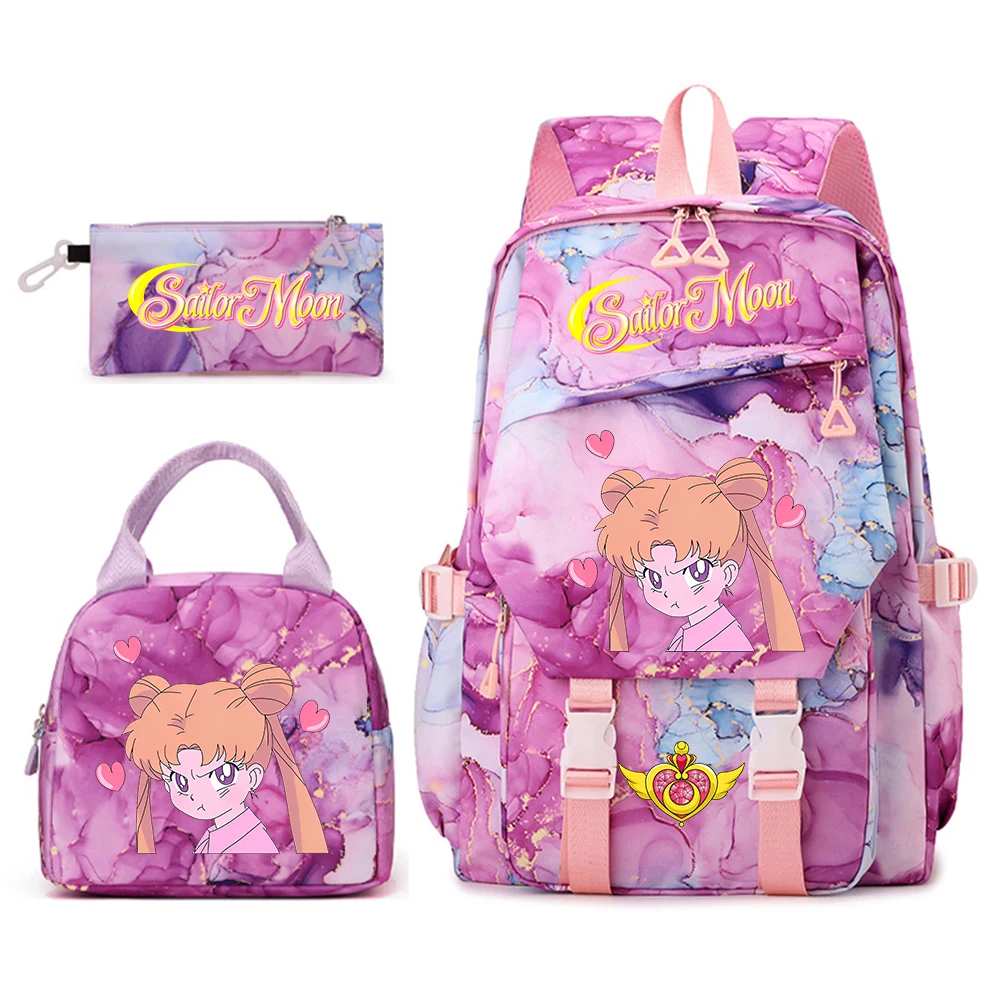 女の子用セーラームーンプリントブックバッグ3点セット-ショルダーバックパック-ランチキットポーチ-小学生・中学生用