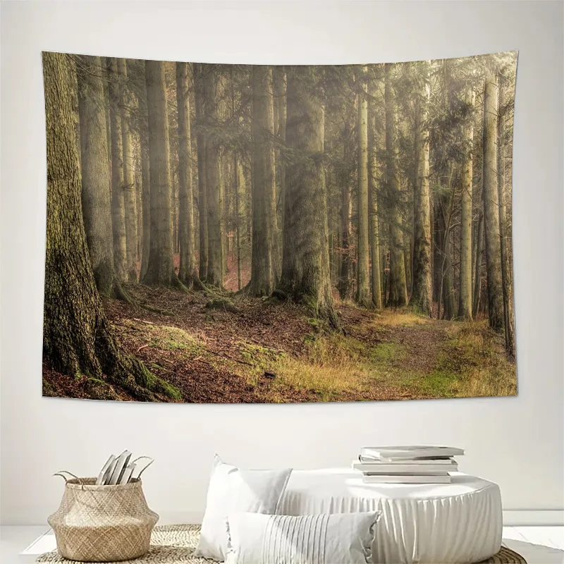 Misty Deep Forest with Tall Trees and Sunlight Wall Tapestry Machine Washable All Season Decor Print Home Elevate Your Space