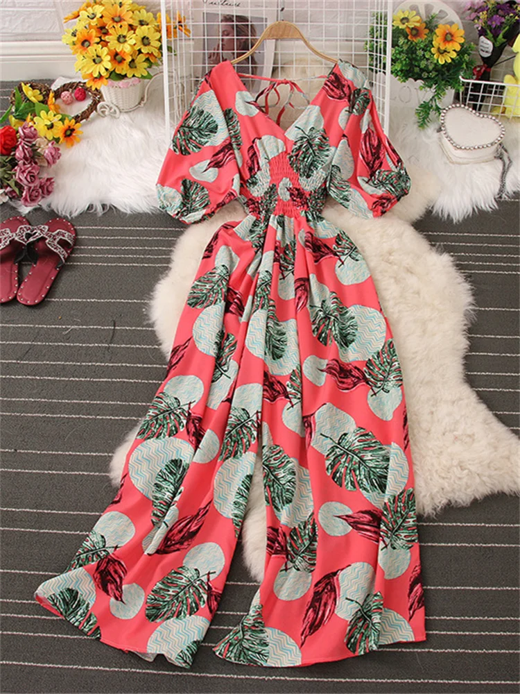 V Neck Sexy Dolman Sleeves Waist Slim Plant Print Jumpsuit Women Wide Leg Trousers Jumpsuit