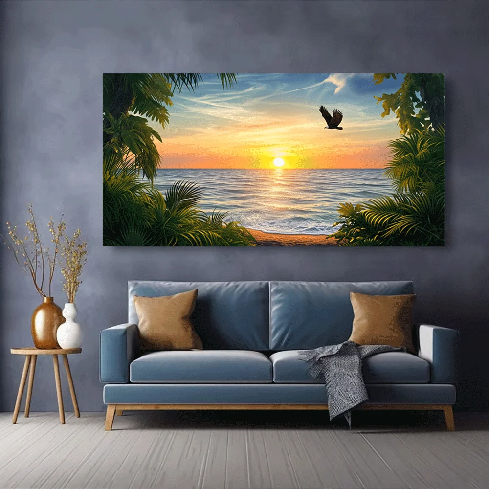 1pc frameless Canvas Painting 1PC-Canvas poster Unframed  Tropical Sunset Beach Ocean View Palm Trees Eagle Flying Sky Art Print