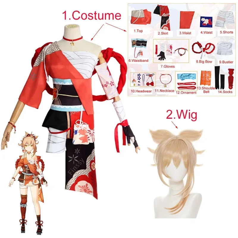 Genshin Impact Yoimiya Cosplay Kostüm Halloween Karneval Party Anime Cosplay Kostüm Requisiten Schmuck Perücke