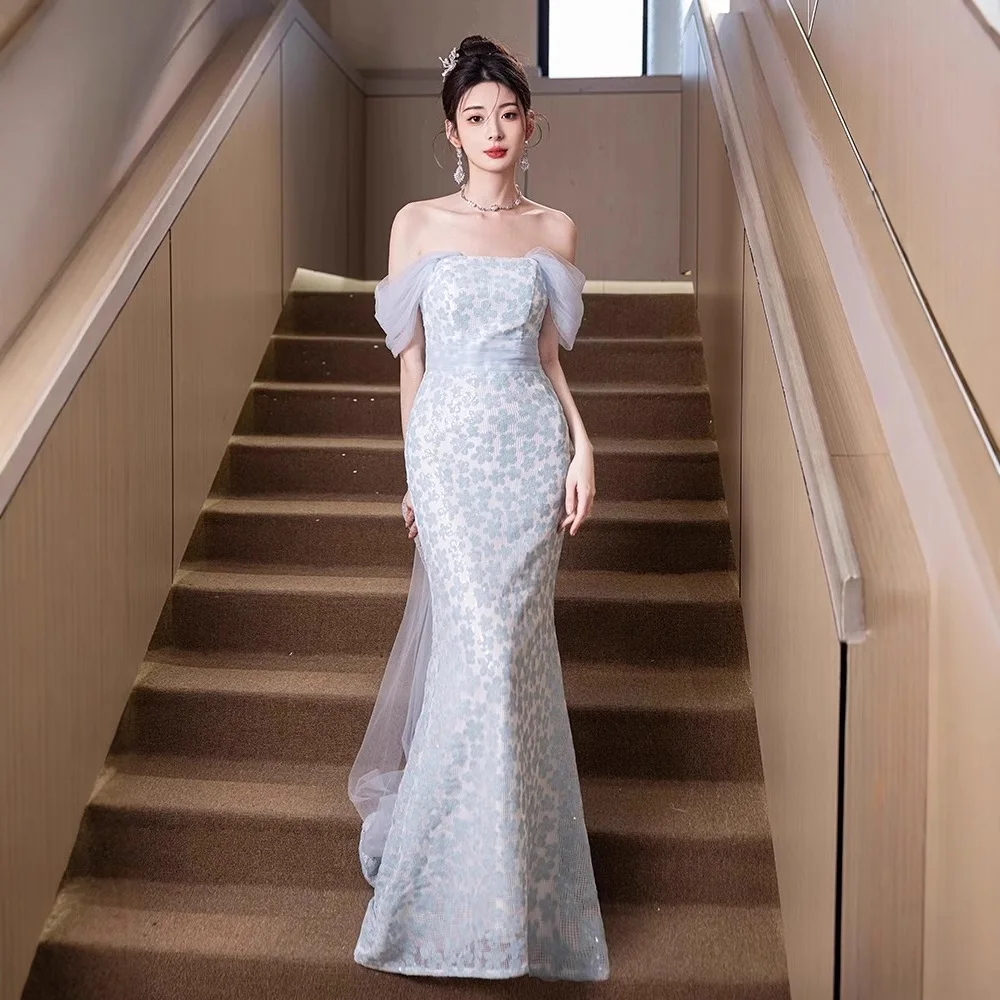 

Элегантное вечернее платье-русалка на одно плечо с драпировкой из шелка, легкое, роскошное, синее, для помолвки или бала