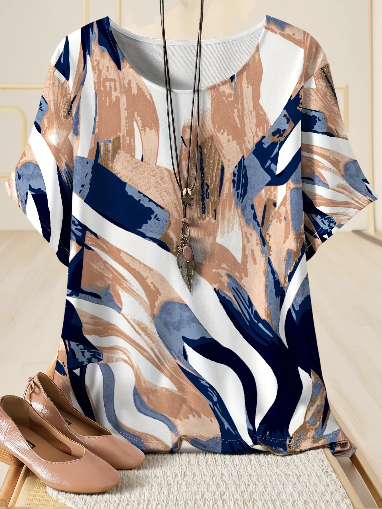 Women Crew Neck Short Sleeve Blouse Abstract Marble Print Navy Khaki White Colorblock Loose Breathable Casual Summer Daily Top