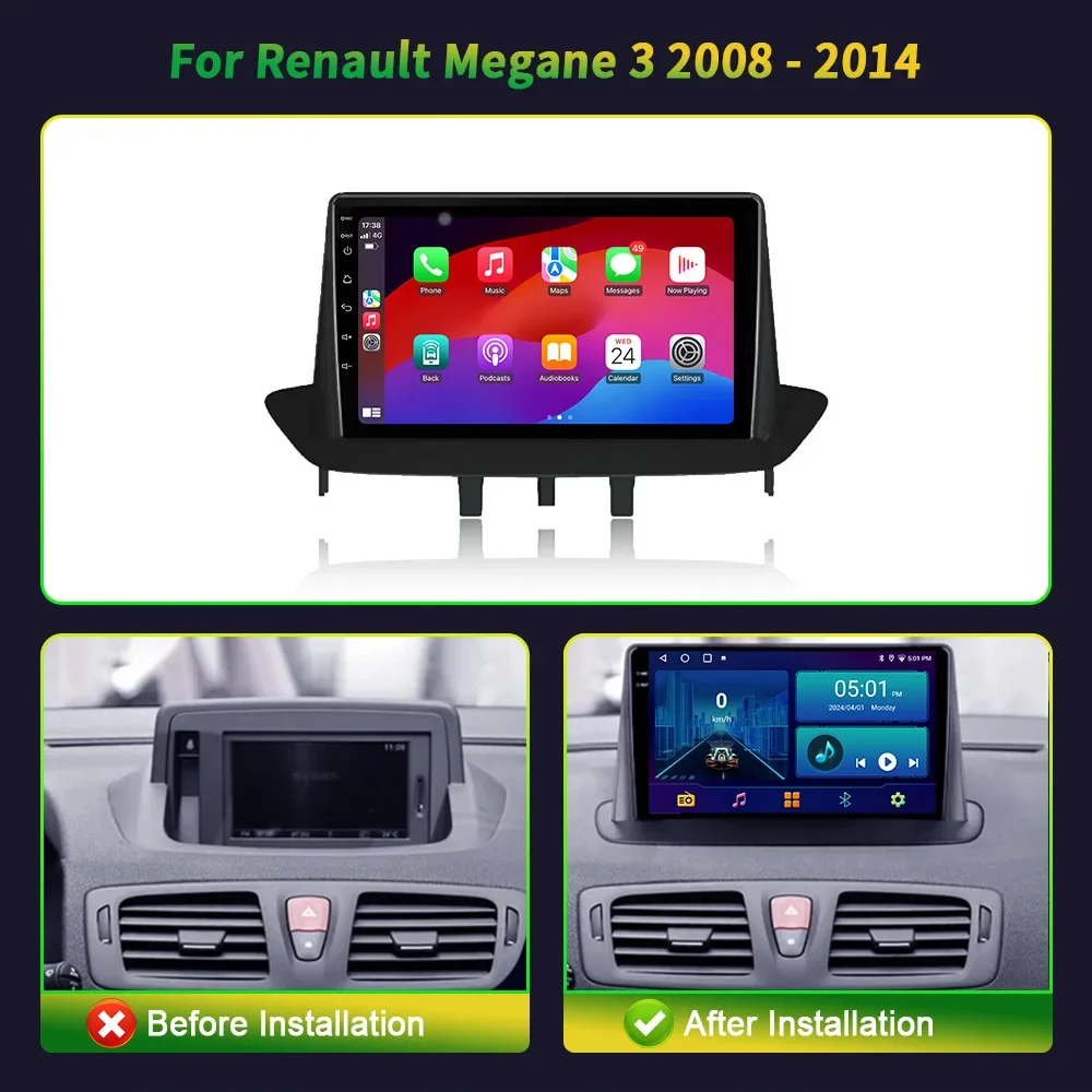 Radio Multimedia con GPS para coche, reproductor Multimedia con Android, Carplay, WIFI, 2 Din, para Renault Megane 3 años 2008 a 2014