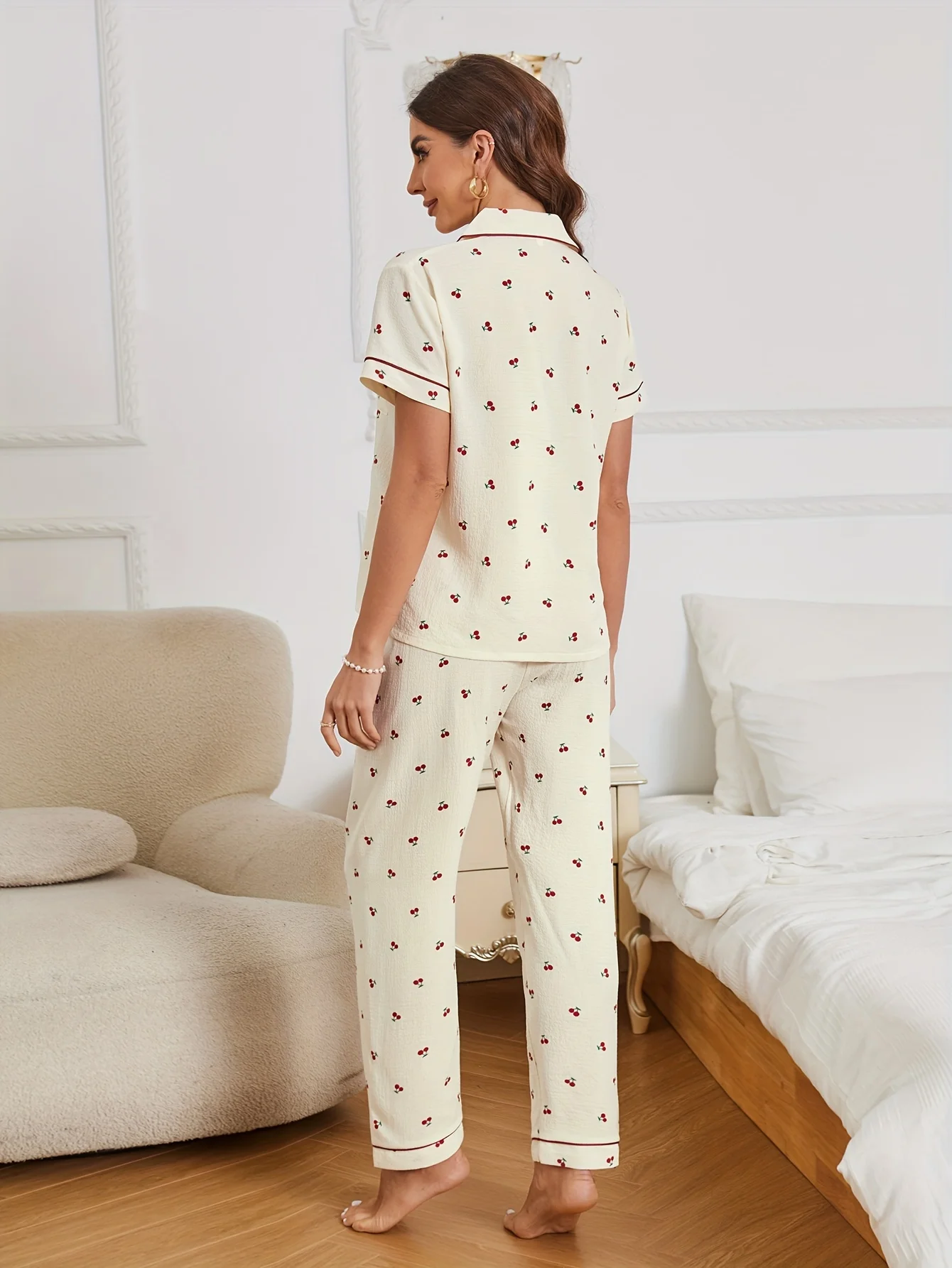 Cherry Print Textured Pajama Set Casual Short Sleeve Buttons Lapel Top & Elastic Pants Women\'s Sleepwear