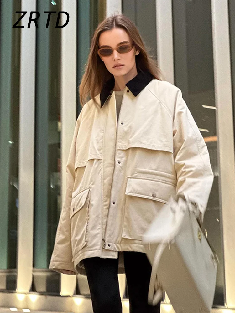 Casual Patchwork Cargo Jackets Women Loose Contrast Lapel Zipper Long Sleeve Pocket Female Coats 2024 Winter Lady Street Outwear