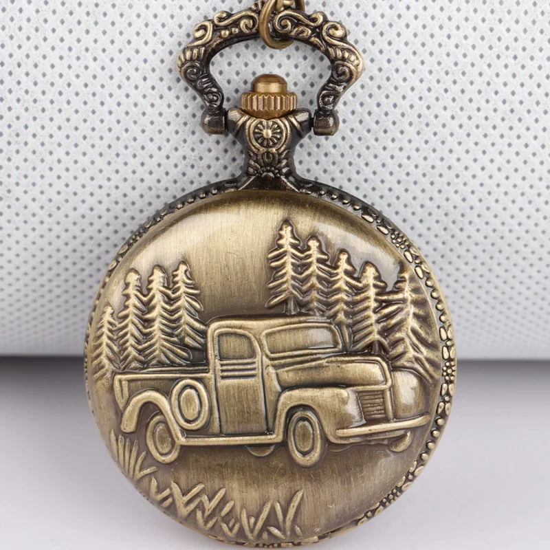 Bronze Car Truck Quartz Pocket Watch Necklace Pendant Men Women Watch or Women Men with Chain Jewelry Accessories Exquisite Gift