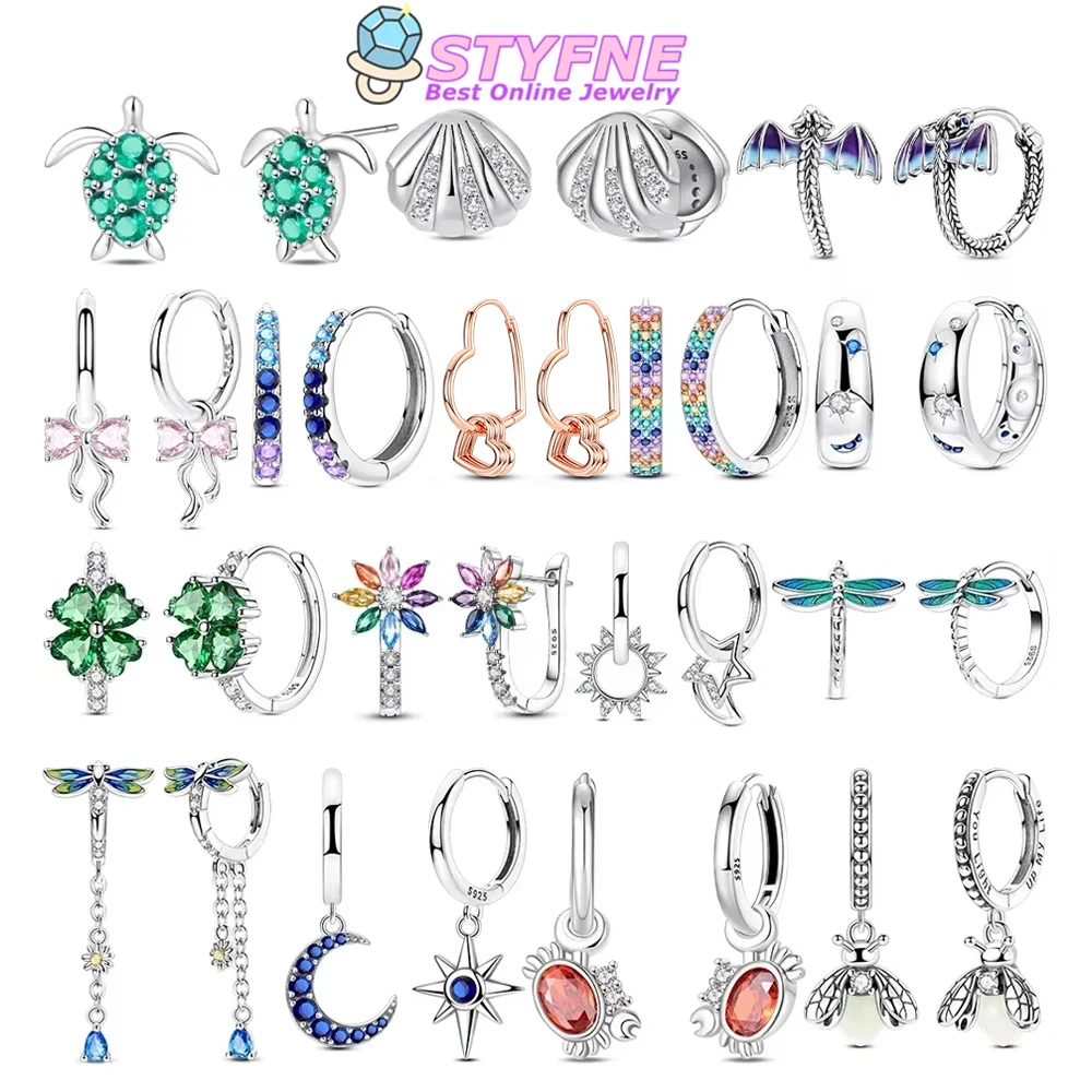 

Four-leaf Clover Woman's Accessory Jewelry Color Zircon Pink Bow Star Moon Shell Earrings Charms Original 925 Silver Earrings