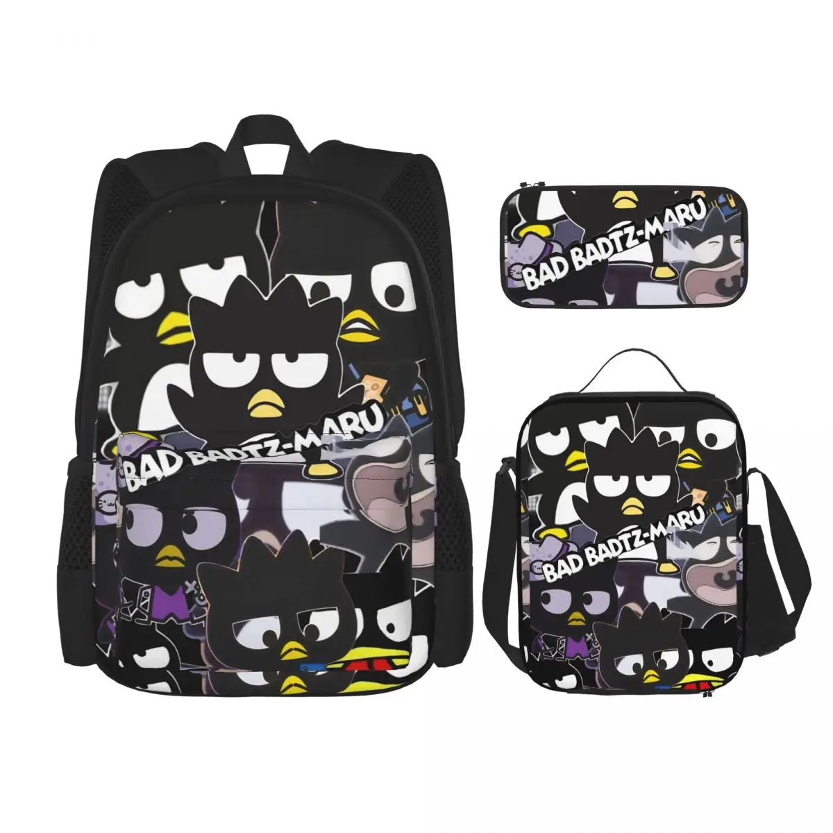 3pecs/set Badtz Maru mochila de dibujos animados para adolescentes volver a la escuela mochila universitaria bolsa de almuerzo estuche para lápices
