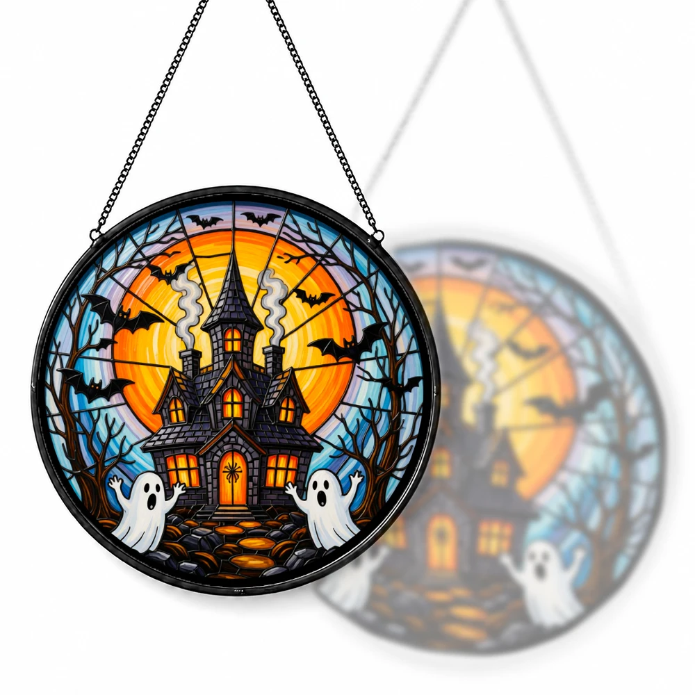 Stained Glass Suncatcher Round Tropical Sunset Beach Palm Tree Hibiscus Flower Window Hanging Decor Home Garden Gift