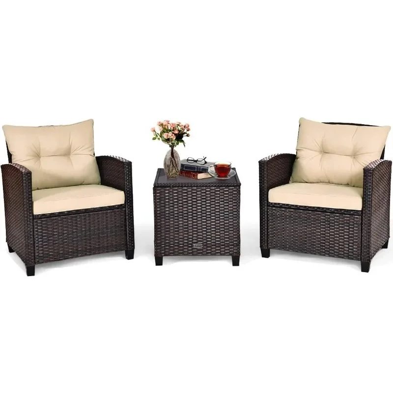 Tangkula 3 Pieces Patio Furniture Set, PE Rattan Wicker 3 Pcs Outdoor Sofa Set w/Washable Cushion and Tempered Glass Tabletop