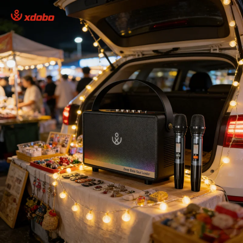 

Портативная колонка xdobo 130W с мощным басом, двумя беспроводными микрофонами и RGB-подсветкой для дома и улицы