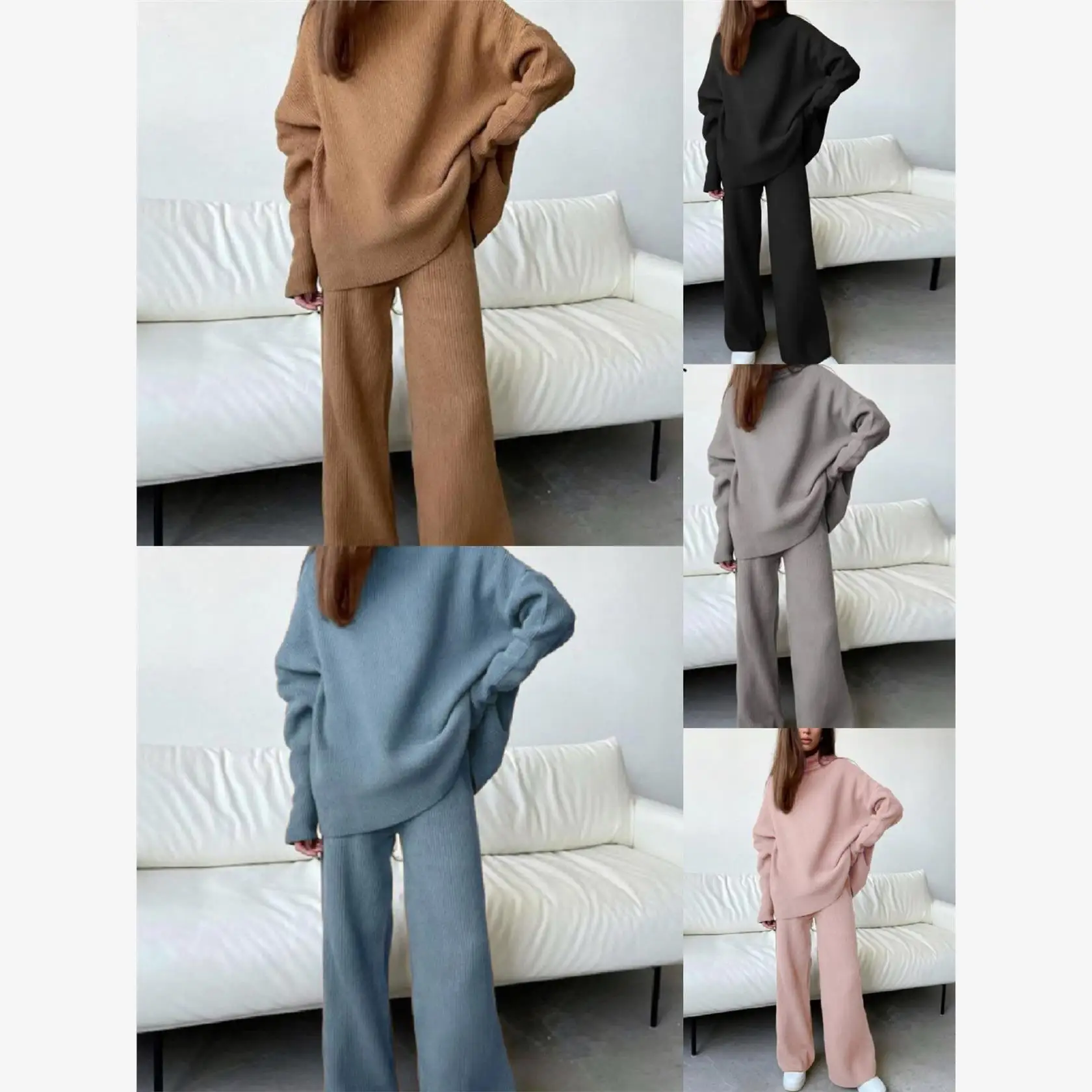 Ensemble deux pièces tricoté décontracté pour femmes, pantalon Long à jambes larges, col haut, coupe ample, Collection d'automne en Polyester