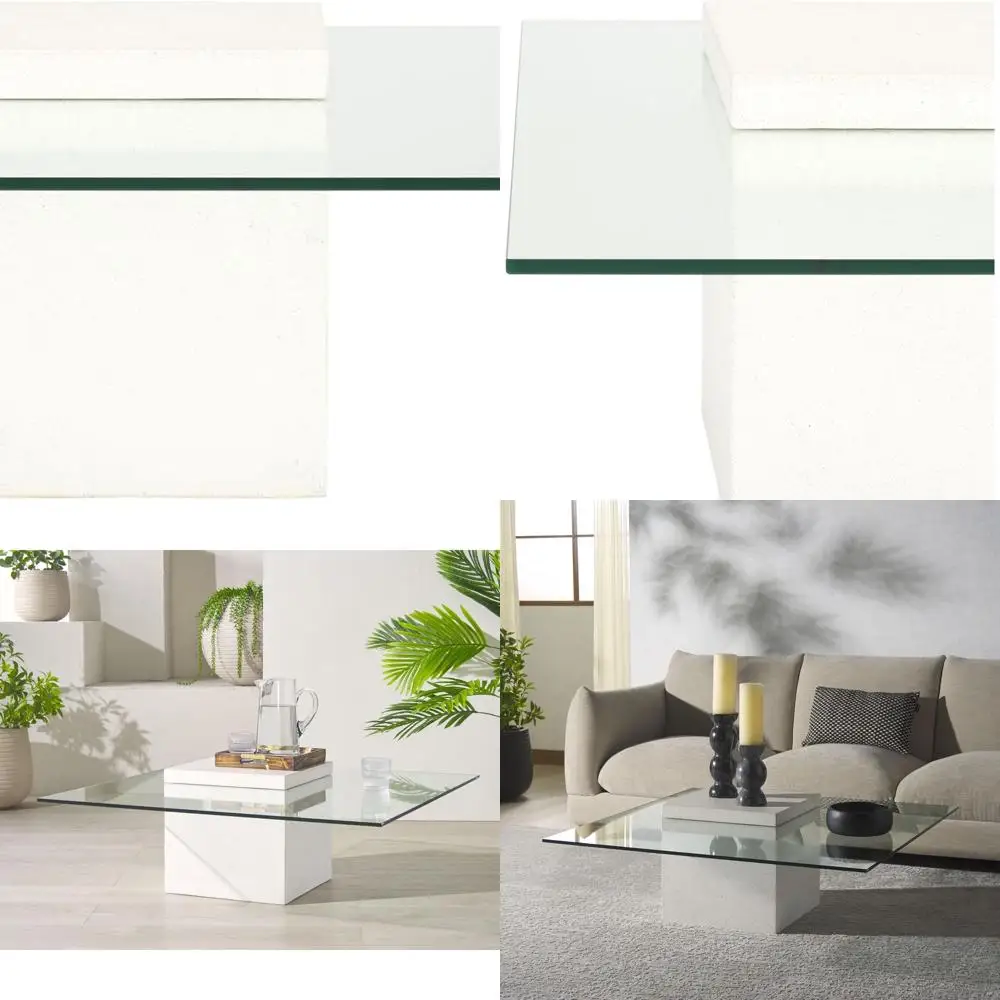 

Ivory Coffee Table with Square Concrete Base and Clear Glass Top - Modern Accent Furniture (SFV2611A)