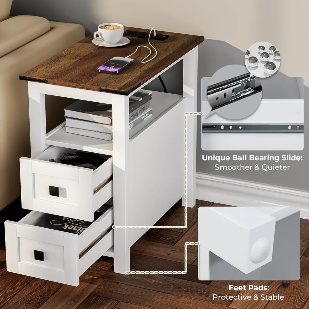 Meja Nakas Gaya Pedesaan dengan Stasiun Pengisian Daya dan Dua Laci, Meja Samping Tempat Tidur Model Pintu Gudang dengan Rak, Meja Samping Bergaya Pedesaan