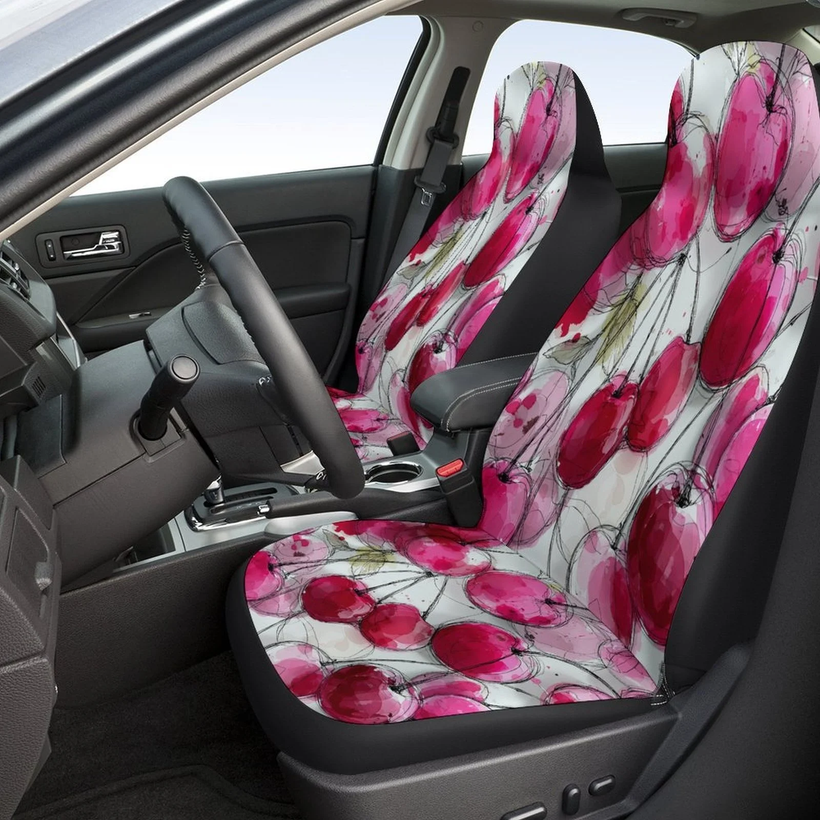 Set Of Car Seat Covers Featuring A Cherry Cluster Design, Suitable For A Variety Of Vehicles. Stylish And Unique, This Complete