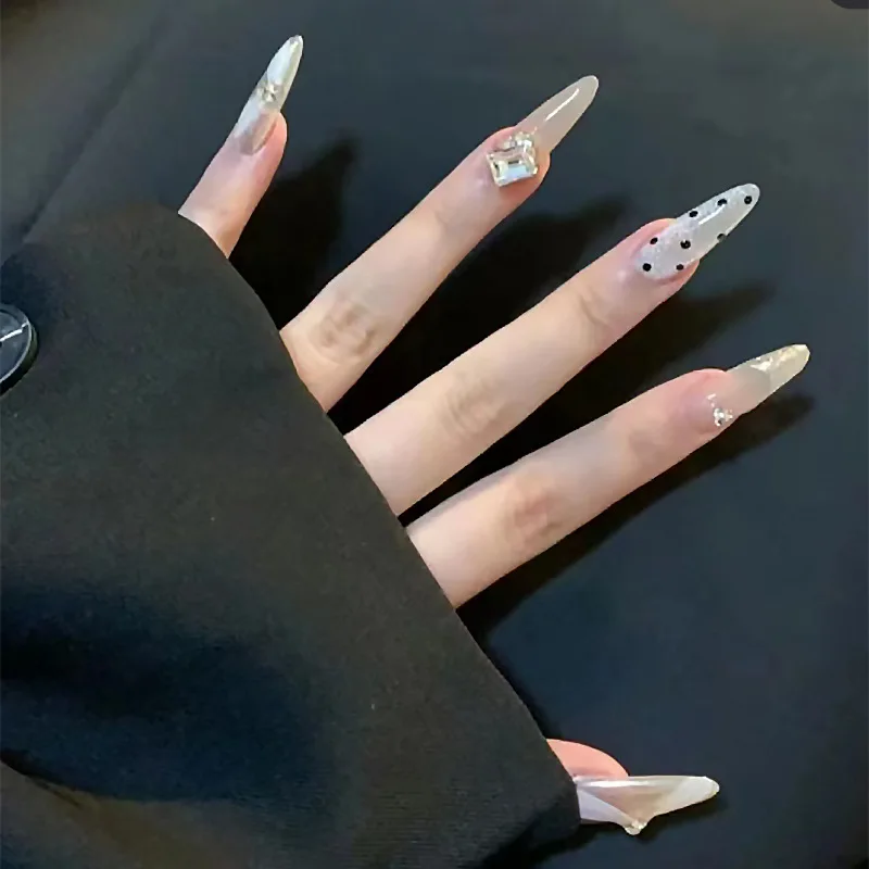 30 pieces of long coffin shaped press on nails, sparkling diamond fake nails with 1 nail glue and 1 nail file,