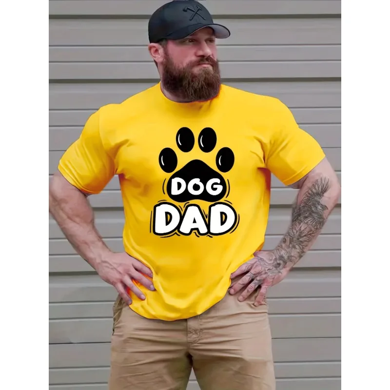 

Men's Plus Size Red T-Shirt with "DOG DAD" Print - Casual Mid-Stretch Crew Neck, Polyester Blend, Summer Wear,