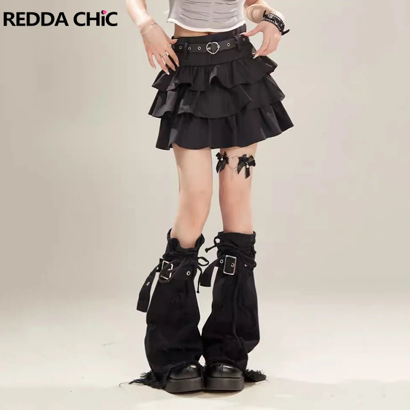 

REDDACHiC Cross Patchwork Raw Edge Leg Warmers Women Solid Black Frayed Flare Denim Boots Cover Lolita Gothic Cosplay Costumes