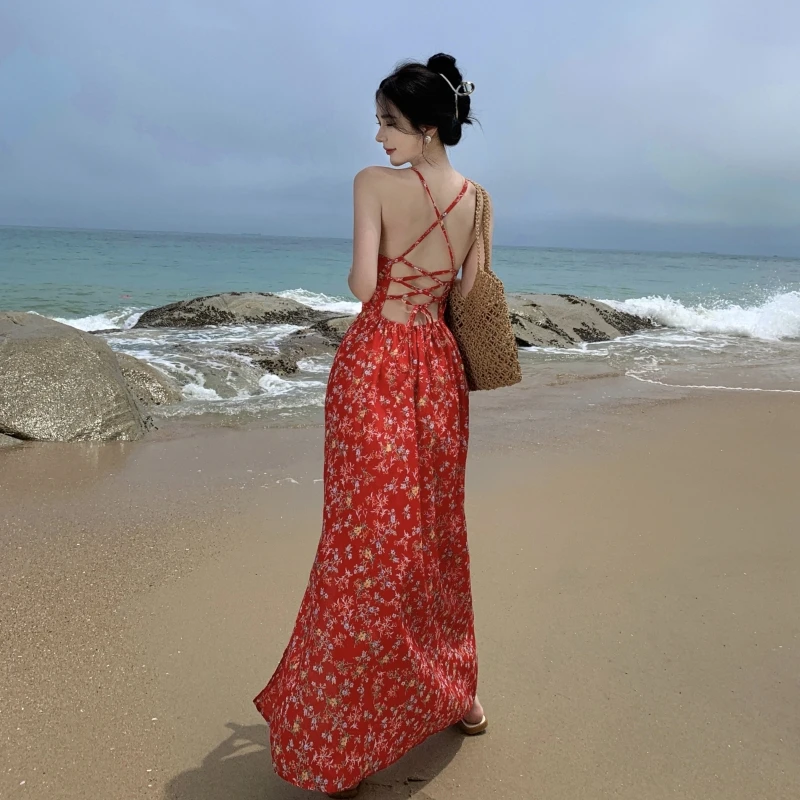 

Floral Dress Women's Summer Halter Strap Backless High Waist Beach Vacation Dress
