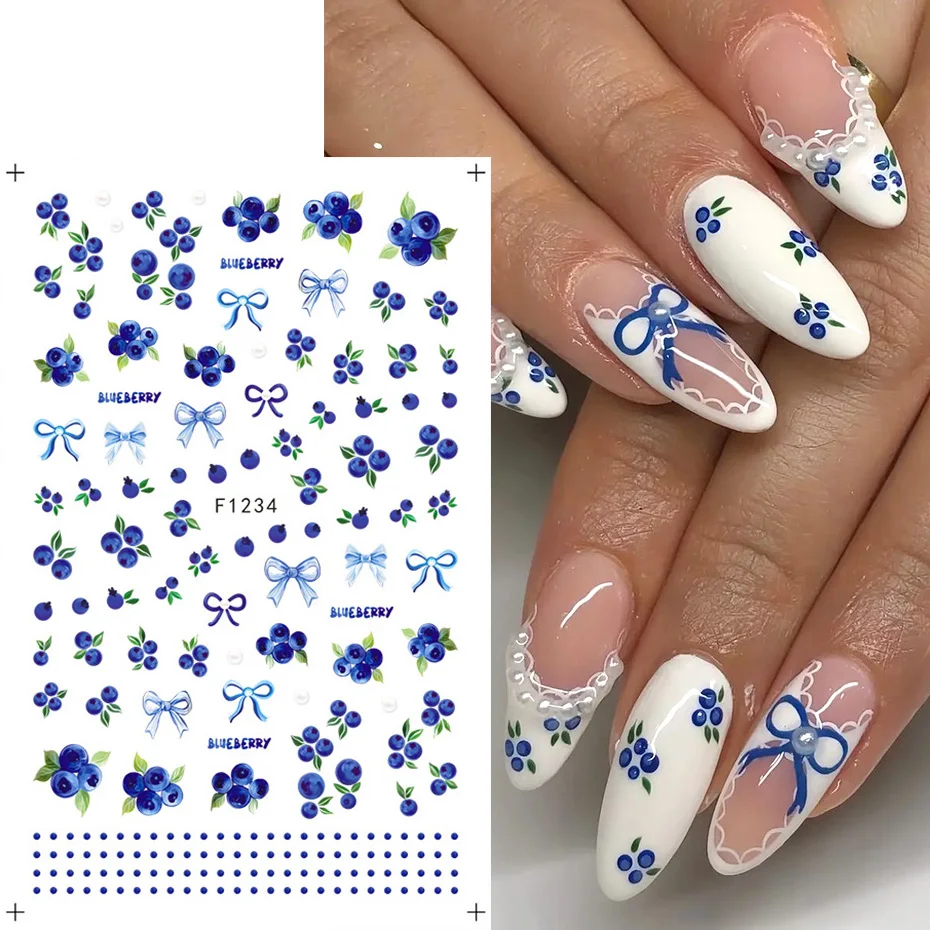 2/5pcs 3D Summer Fruit Nail Stickers Cute Blueberry Strawberry Cherry Lemon Design Nail Art Decals Self-Adhesive Decoration