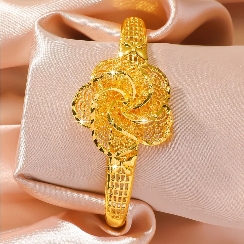 9999 24K real gold exquisite cutout hand decorated with large flowers S buckle bracelet