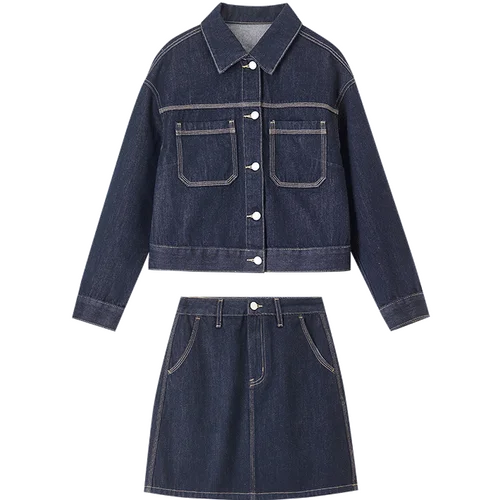 SENTUBILA Set Denim 2 Potong Pakaian Wanita Musim Gugur 2025 Jaket Denim Campuran Katun & Rok Mini A-Line Set Wanita untuk Kerja W51Z80135