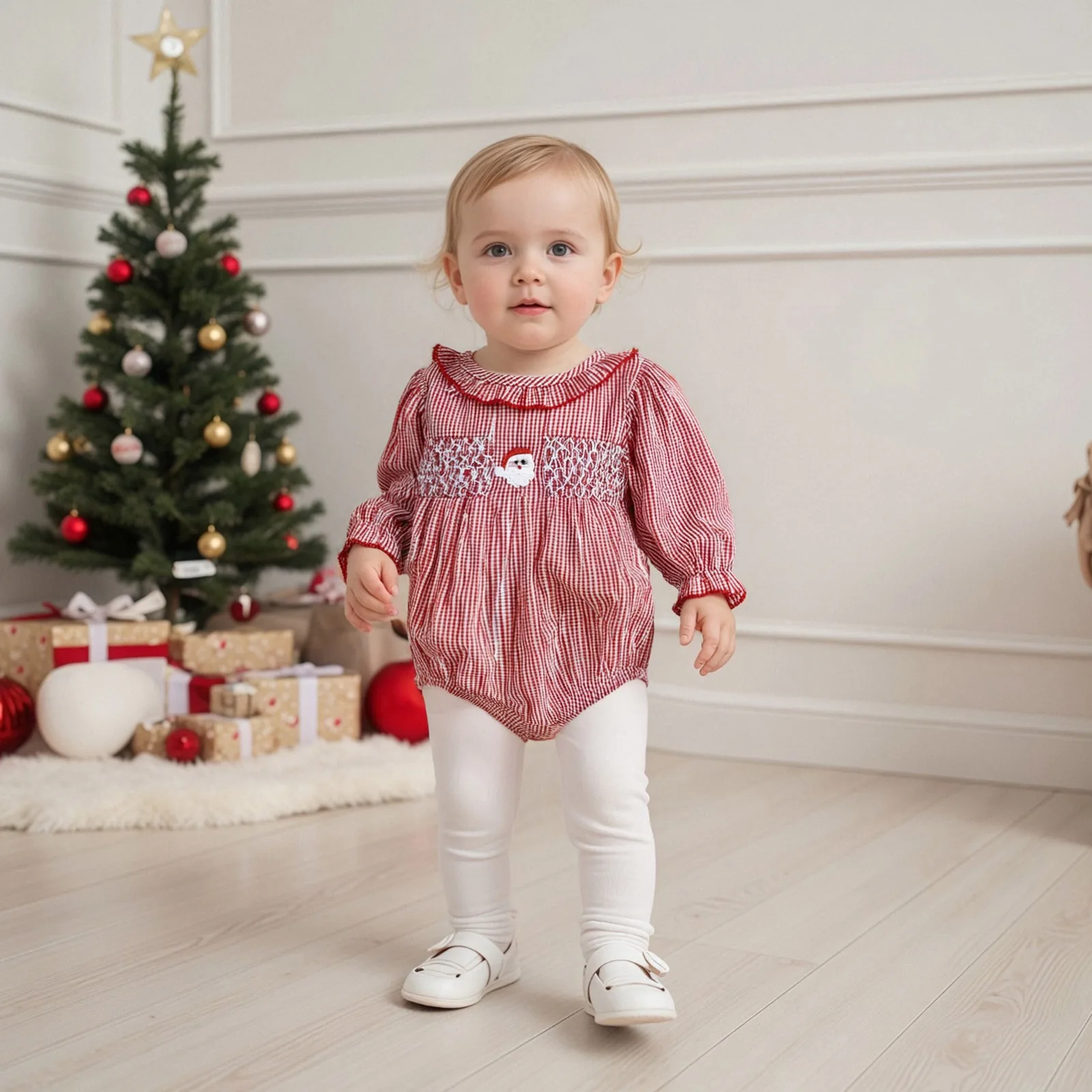 

Одежда для малышей, рождественский комбинезон для девочек, клетчатый комбинезон с принтом дерева и вышивкой, длинными рукавами и рюшами, рождественская одежда для новорожденных