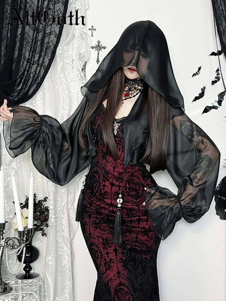 

AltGoth Halloween Dark Gothic Hooded Smock Women Vintage Palace Style Long Sleeve Crop Tops Streetwear Cosplay Y2k Clothes Femme