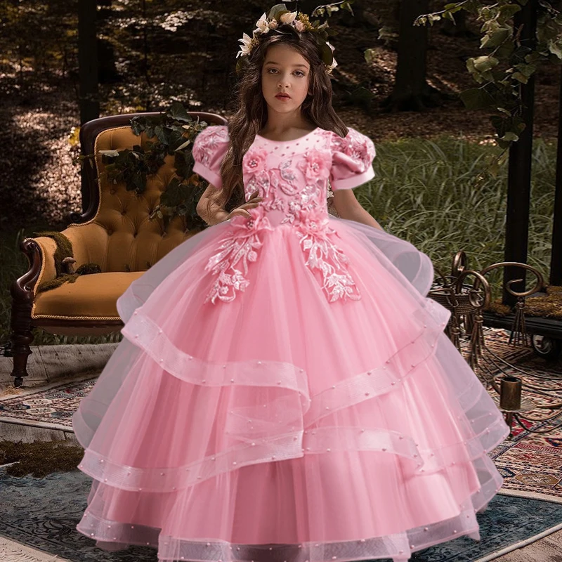 The new 4-12-year-old girl party dress embroidery elegant long skirt bubble sleeve lace mesh gauze girl birthday ball night dres