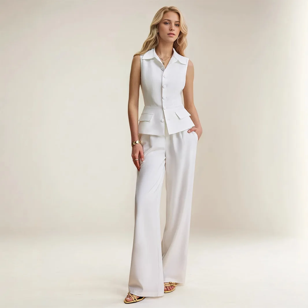 

Летний комплект из 2 предметов 2026: брюки и элегантная офисная рубашка с отложным воротником, свободный женский повседневный топ без рукавов